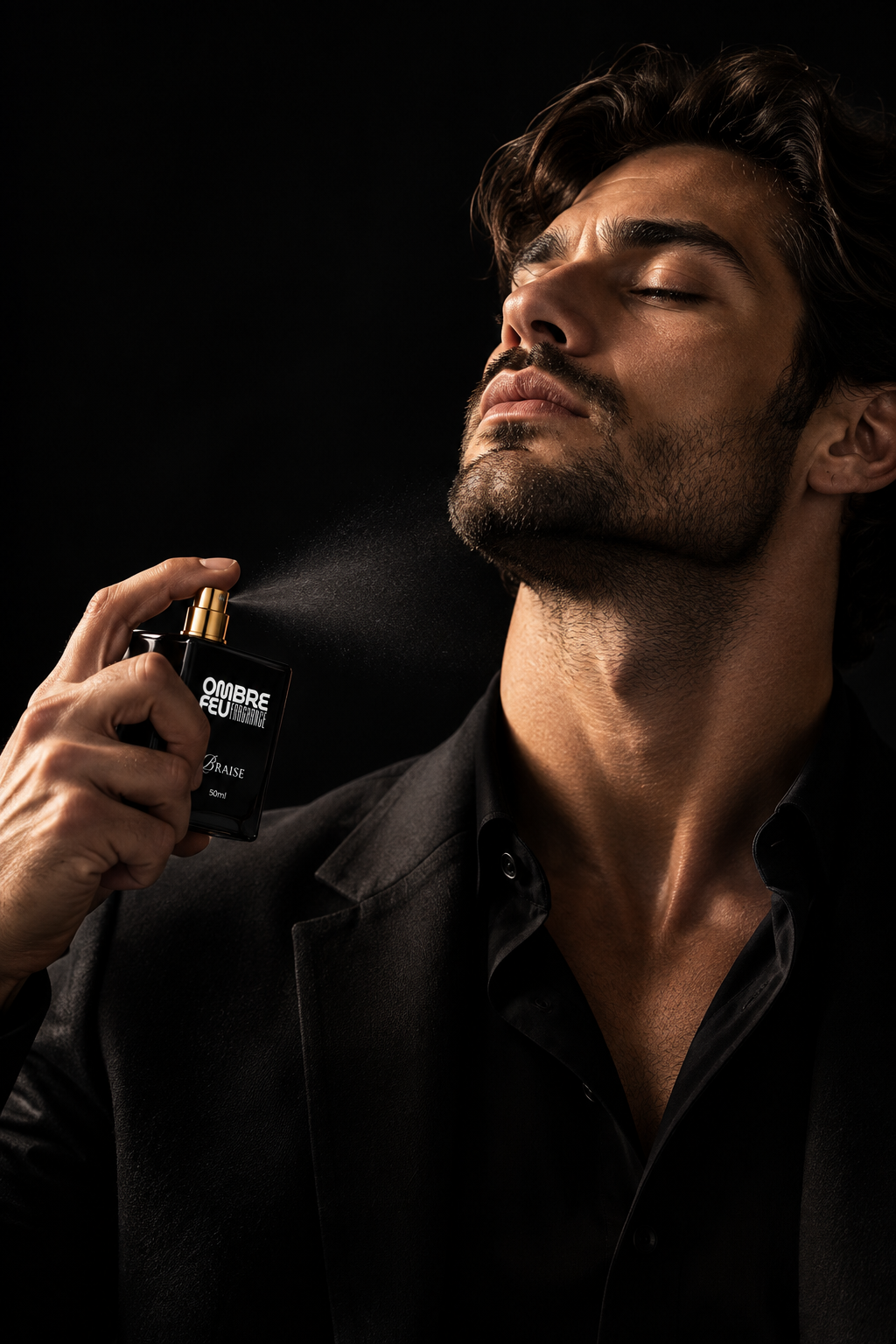 Mann trägt Braise Herrenparfum am Hals auf – Eau de Parfum mit Vanille und Tabak